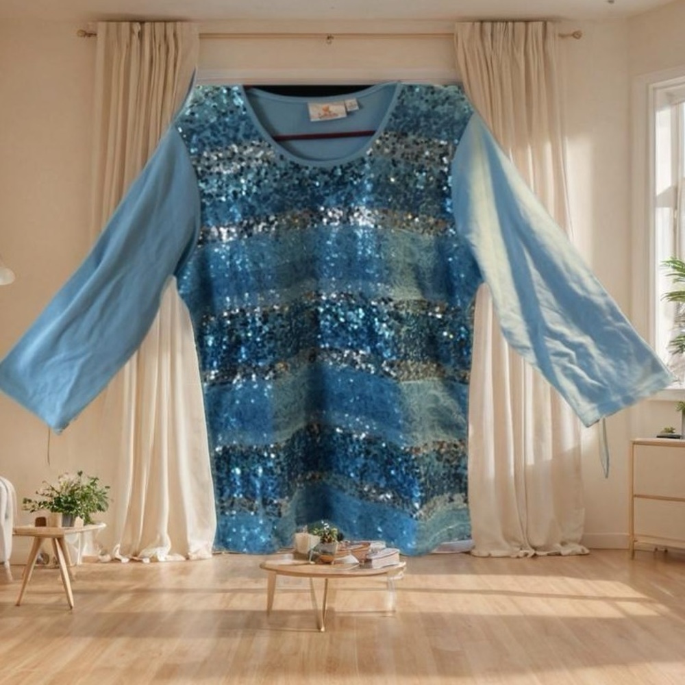 Quacker Factory Blue Sequin Stripe 3/4 Sleeve Top